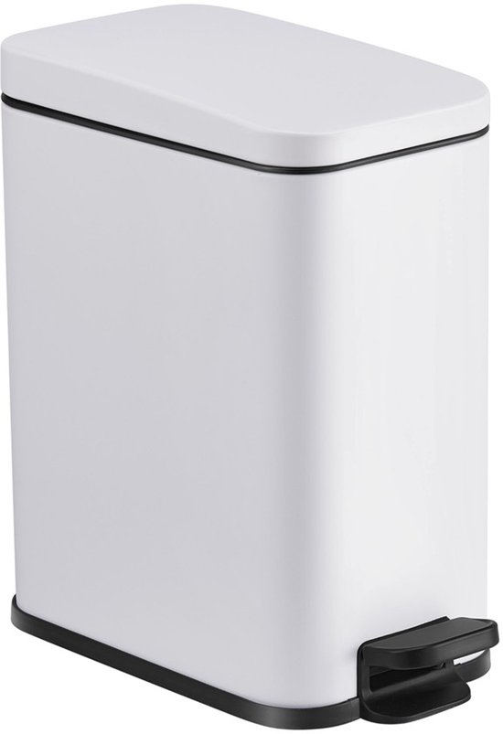HÜSQ Slimbin smalle Prullenbak 5 Liter - Soft-close Pedaalemmer - kleine Vuilnisbak voor Toilet, Badkamer, Keuken of Kantoor - Afvalbakje - wit