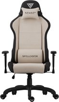 Beige en zwarte gamingstoel met 'SPELLCASTER' logo.