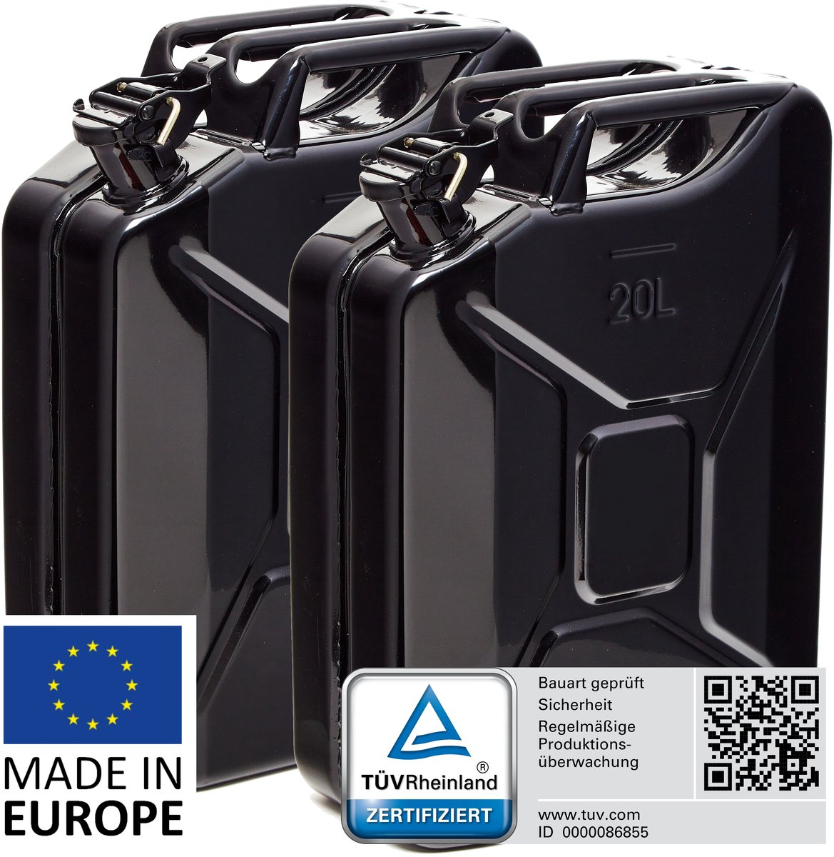 BW® Fuel Canister Metalen Benzineblik - Jerrycan 2x 20 Liter - Zwart - TÜV-getest en UN-goedgekeurd - Gemaakt in Europa