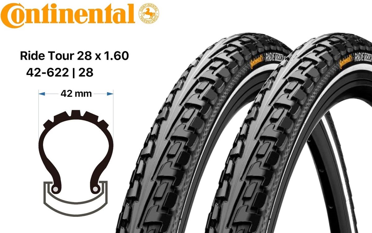 2x Continental zilveren banden Ride Tour zwart reflecterend 28 x 1,60 (42-622)"