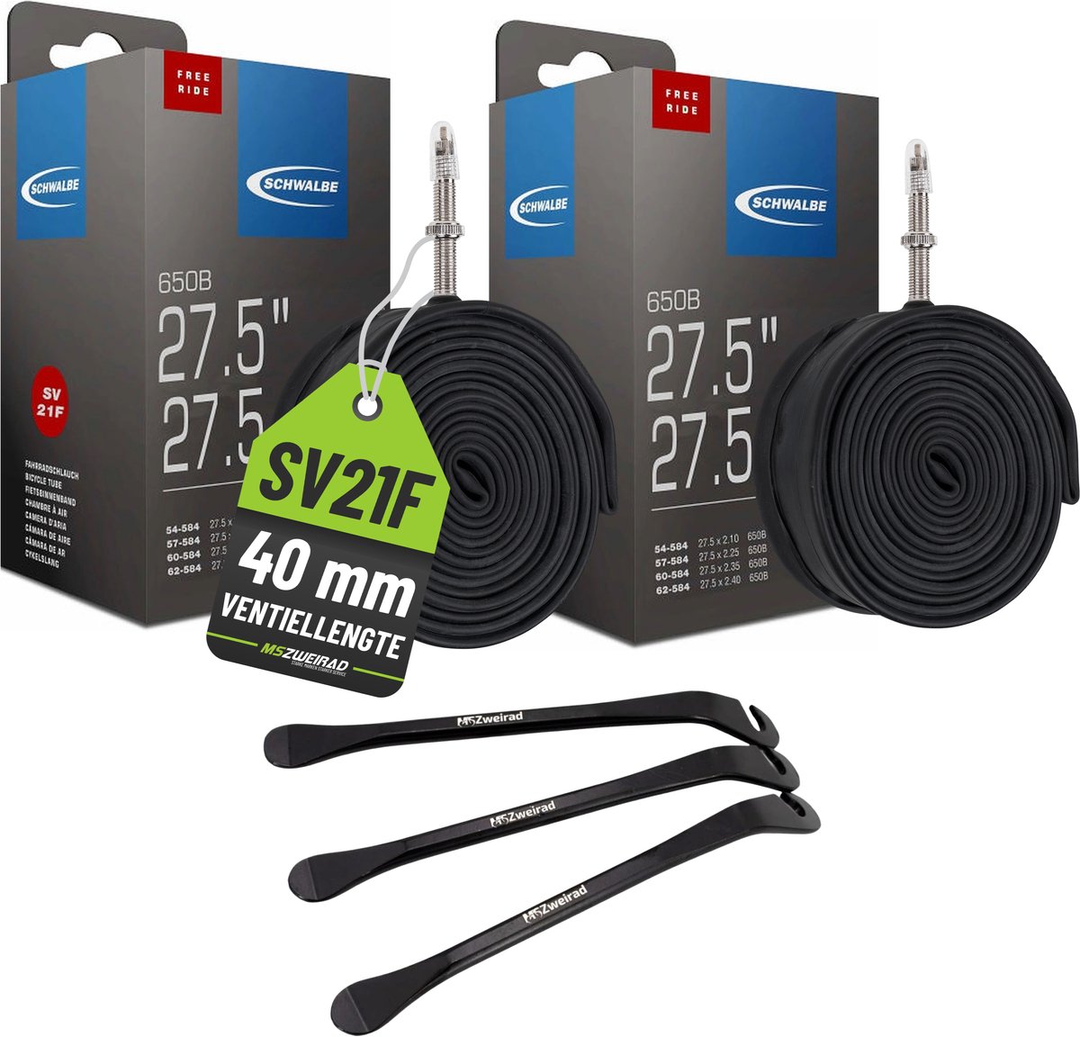 2x Schwalbe binnenband 21F SV 40mm Freeride 27,5 inch (54/75-584) + bandenlichters