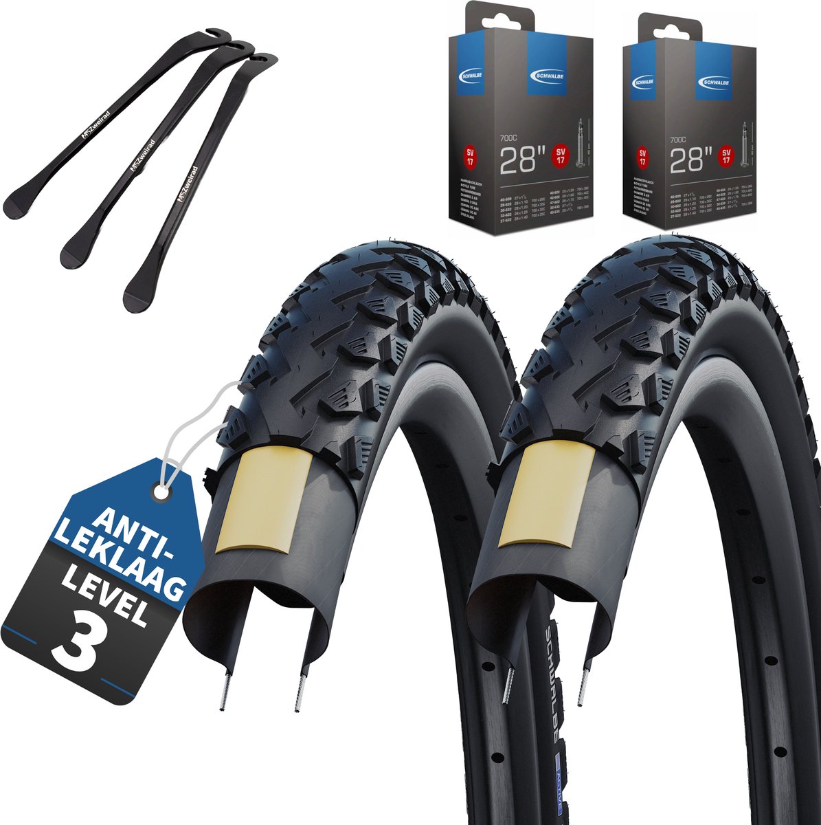 2-delige set Schwalbe fietsbanden Land Cruiser 28 x 1,40 inch (37-622) SV binnenband + 3 metalen bandenlichters E-bike