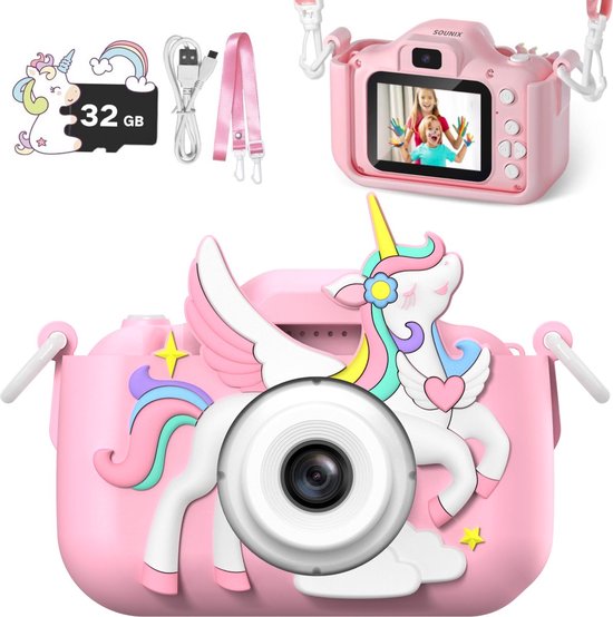 Roze kinder camera met unicorn decoratie, 32 GB SD kaart en USB kabel. Camera met unicorn opdruk.