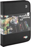 Zwarte etui gesloten met "Sketch & Colouring Set 71 pcs" en tijgerafbeelding.