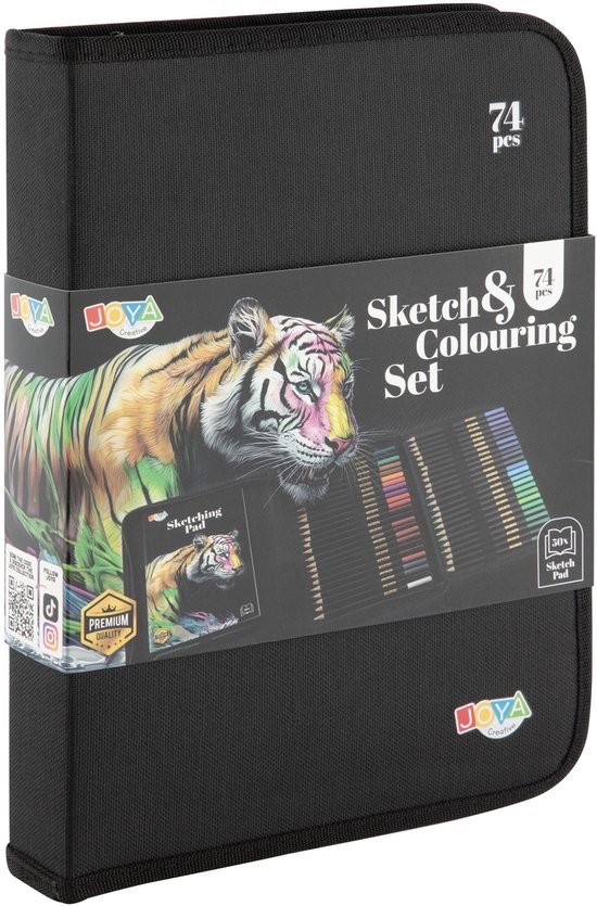 Zwarte etui gesloten met "Sketch & Colouring Set 71 pcs" en tijgerafbeelding.
