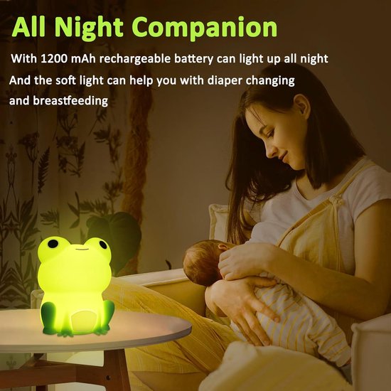 Nachtlampje - Kikker Kinderkamer Nachtlampje - Oplaadbare Dimbare Touch Bedlamp (Silicone) - Draagbaar Kindercadeau - Geschikt voor Jongens - Meisjes en Baby's - Zachte Dieren Siliconen Lamp - Draagbare Dimbare Touchbediening van Merkloos — afbeelding 5