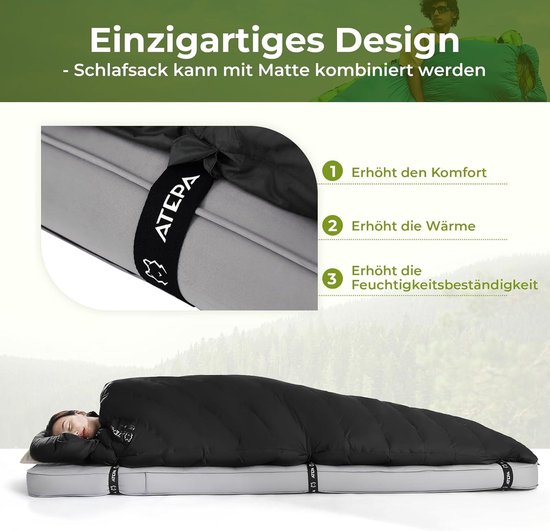 Outdoor slaapzak met 600 fp dons, waterafstotend - voor 4 seizoenen, ideaal voor volwassenen op de camping, reizen en avonturen van OutDoor — afbeelding 5