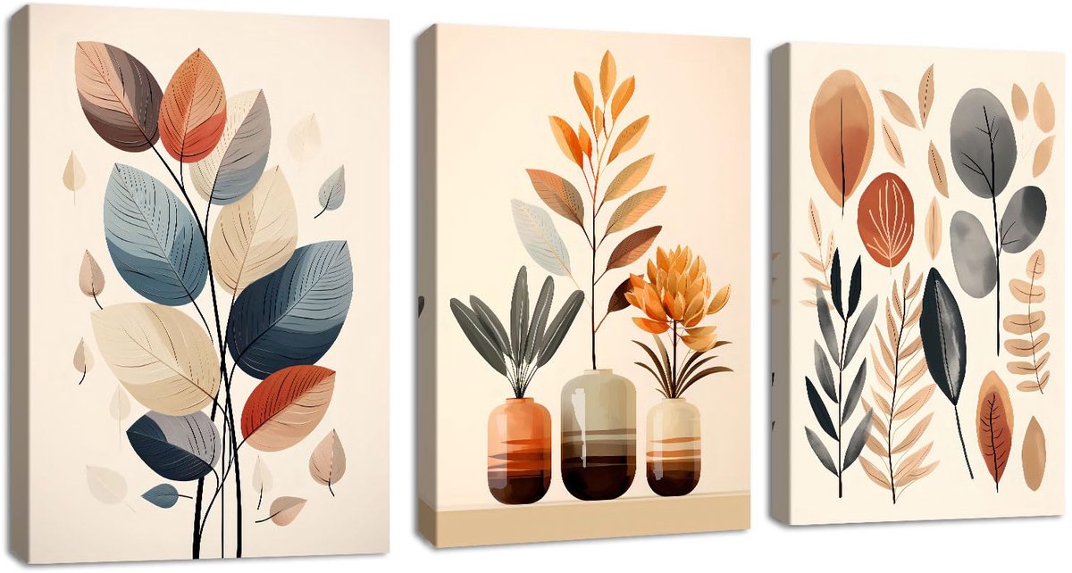 Ibenzoa Moderne Botanische Canvas Wanddecoratie Set met Eucalyptus Bladeren in Beige en Oranje - 3 Stuks, 30x40 cm, Klaar om op te Hangen