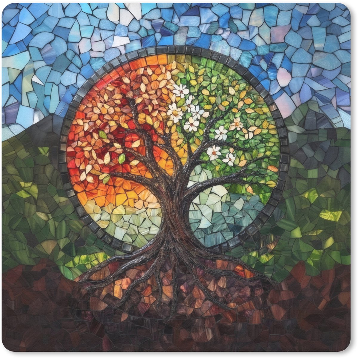 Muismat 20x20 cm - Mousepad Boom - Seizoenen - Mozaïek - Bergen - Muismatten