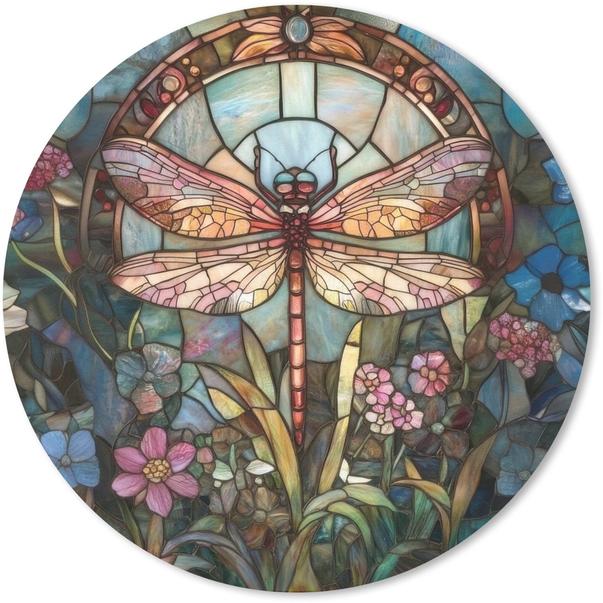 Muismat rond 20x20 cm - Mousepad Libelle - Mozaïek - Bloemen - Kleurrijk - Ronde muismatten