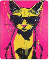 Muismat 19x23 cm - Mousepad Kat - Art - Zonnebril - Roze - Muismatten