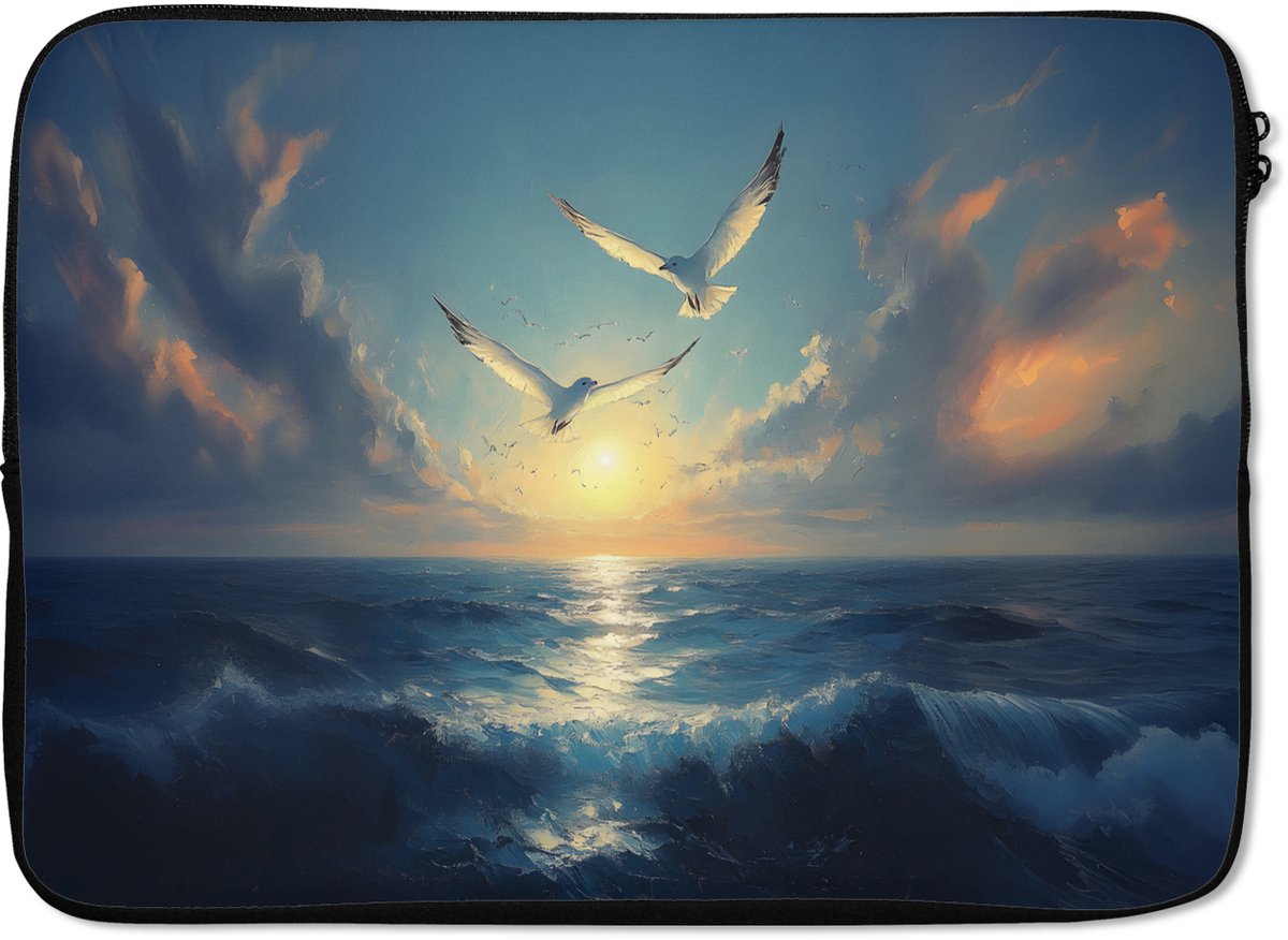 Laptophoes 13 inch - Meeuwen - Zee - Wolken -Blauw - Laptop sleeve - Binnenmaat 32x22,5 cm - Zwarte achterkant