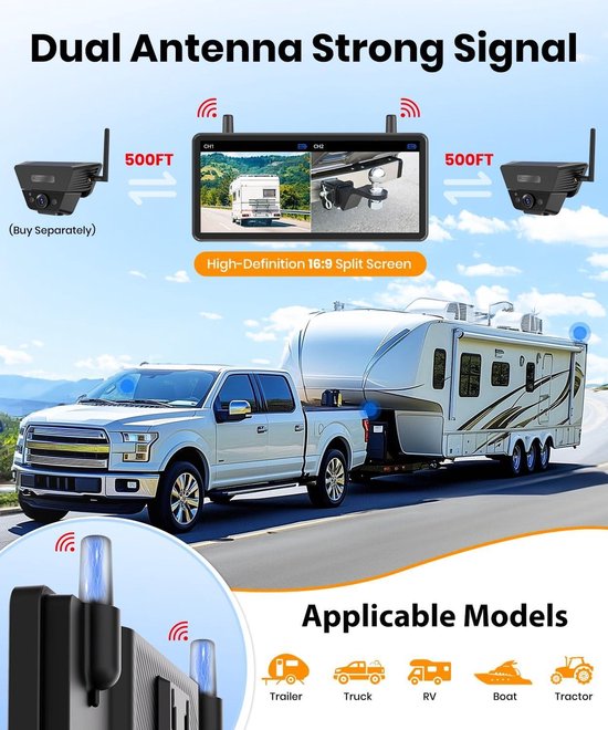 URVOLAX Draadloze Achteruitrijcamera Met AI-detectie en Hoorbaar Alarm, 1080p FHD Parkeersysteemkit met 7-inch monitor, Waterdicht voor Campers, Vrachtwagens, Bestelwagens, Caravans en Aanhangwagens