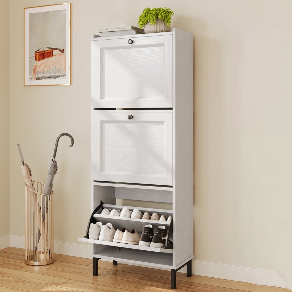 Xbro Schoenenkast met 3 Klapdeuren – Dubbele Diepte – Smal Schoenenrek met Bovenplank – Voor Hal & Slaapkamer – 50 x 130 x 24 cm – Wit