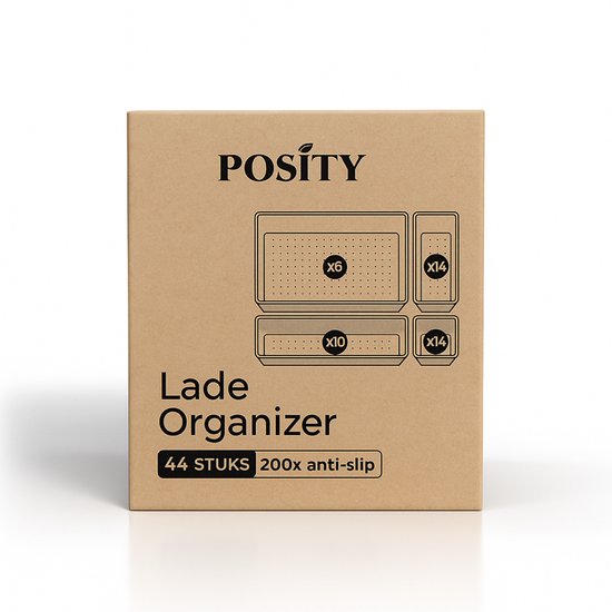 Doos van Posity lade organizer met een afbeelding van de verschillende maten en 44 stuks.