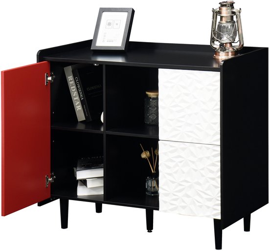 Buffet Merax Zwart rouge avec 2 tiroirs et 2 Portes , meuble de rangement moderne 90 x 40 x 80 cm pour Cuisine ou salon