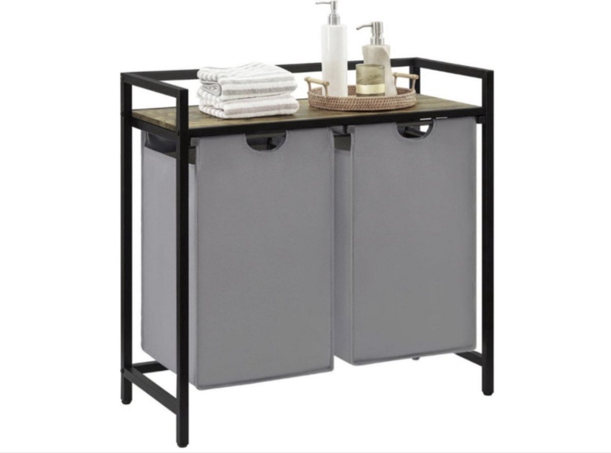 Goedkoopste Wasmand met 2 vakken, inhoud 95 liter, wasmand met legplank en uittrekbare zakken, wassorteerder voor bijkeuken, slaapkamer, badkamer, slaapzaal, grijs