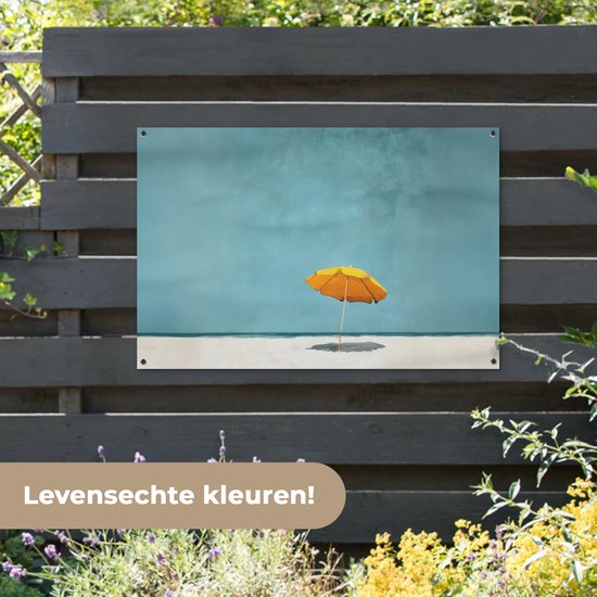 Affiche de jardin 120x80 cm - Décoration de jardin Parasol - Jaune - Plage - Mer - Affiche pour le jardin - Décoration extérieure - Tableau de jardin clôture - Décoration murale sur toile de jardin - Décoration murale sur toile de balcon