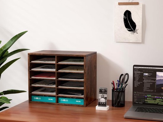 KIRIGEN Brievenhouder van hout, uniek vak van hout, aktetas voor bureau- organizer voor het opbergen van tijdschriften, mappen, mappen, papieren, bruin KIRIGEN Brievenhouder van hout, uniek vak van hout, aktetas voor bureau- organizer voor het opbergen van tijdschriften, mappen, mappen, papieren, bruin