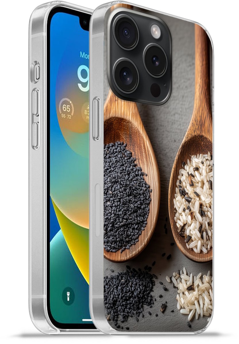 Telefoonhoesje Geschikt voor iPhone 15 Pro hoesje - Houten - Lepels - Rijst - Zaden - Siliconen Telefoonhoesje Telefoonhoesje