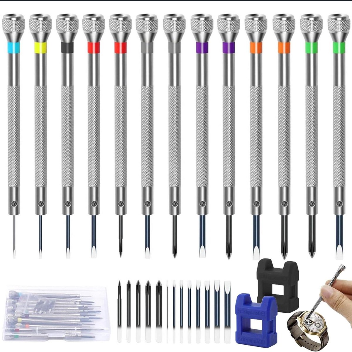 13-delige set horlogemaker schroevendraaiers 06-20 mm voor brilreparaties en sieraden - met demagnetiseerder