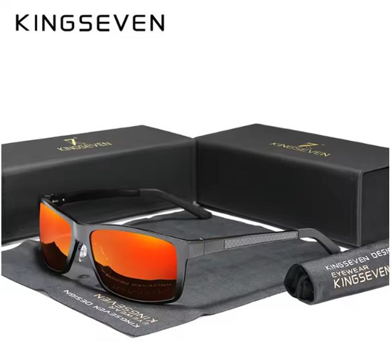 KINGSEVEN Zonnebril 7021 - Zwart-Rood – Heren - Vrouwen - Gepolariseerd - UV400 - Rechthoek