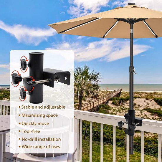 Sekey – Support de parasol pour balcon – Fixation sur garde-corps – Compatible avec parasols 1,6 à 2,7 m – Plastique nylon résistant