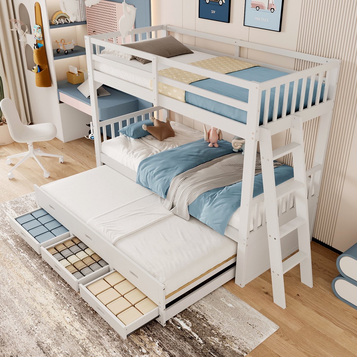 Sweiko Stapelbed - 90x200cm - Grenen+MDF - Uitschuifbaar bed - 3 laden - Wit
