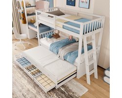 Sweiko Stapelbed - 90x200cm - Grenen+MDF - Uitschuifbaar bed - 3 laden - Wit