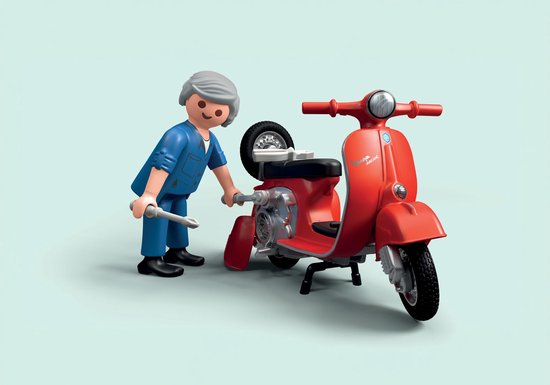PLAYMOBIL monteur met gereedschap bij een rode Vespa scooter.