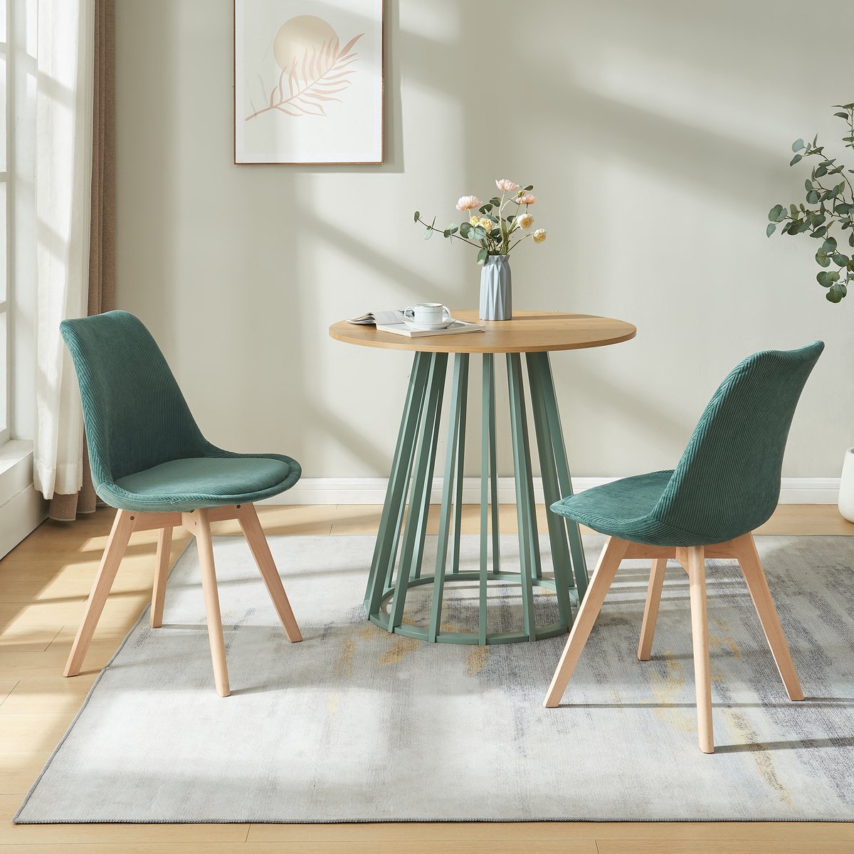 Eetkamerstoelen Fläten set van 4 stuks corduroy donkergroen en naturel [en.casa]