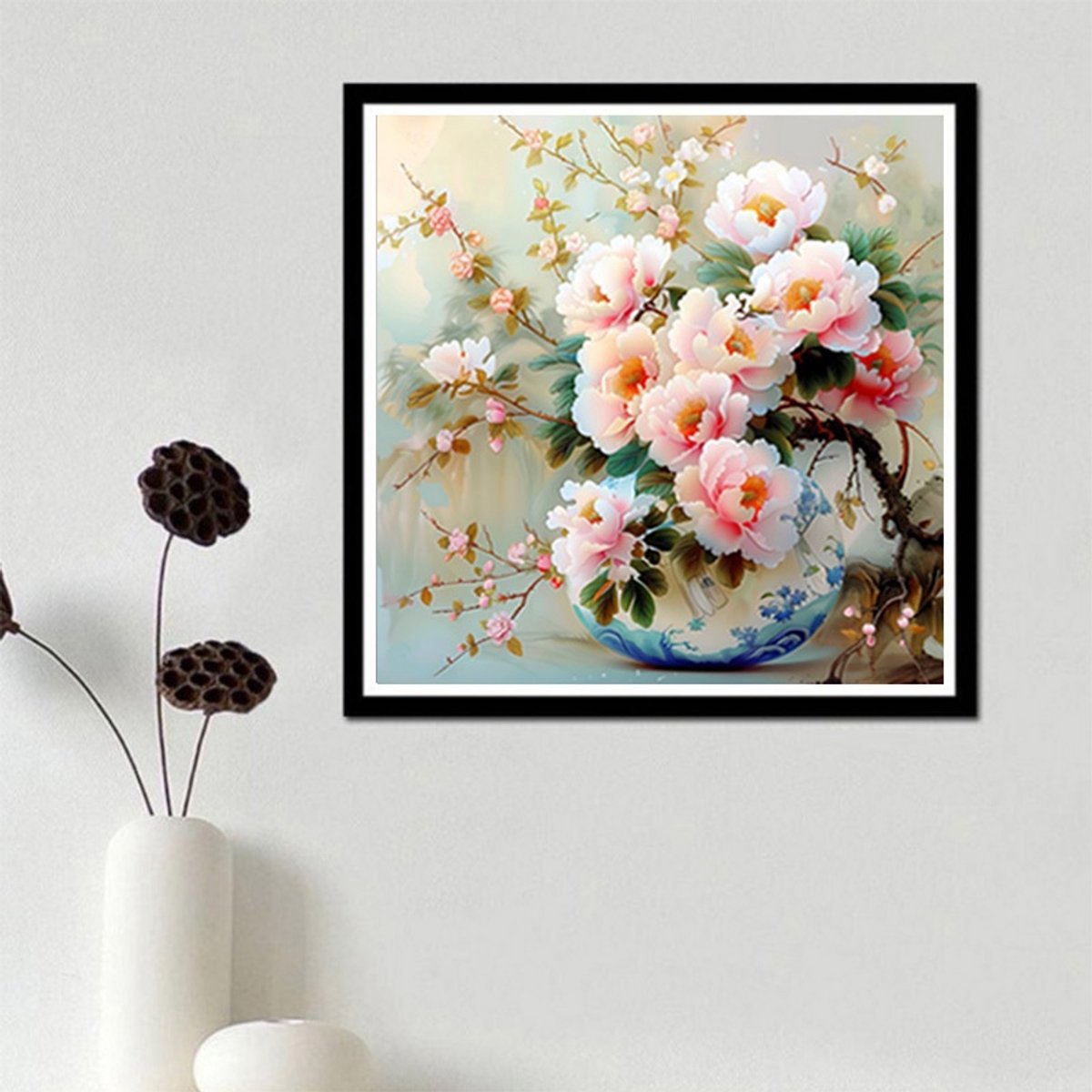 DIY kruissteekborduurpakket/Blauw en wit porselein en bloemen/gedrukt kruissteekpatroon borduurpakket (frame niet inbegrepen) 50*50CM
