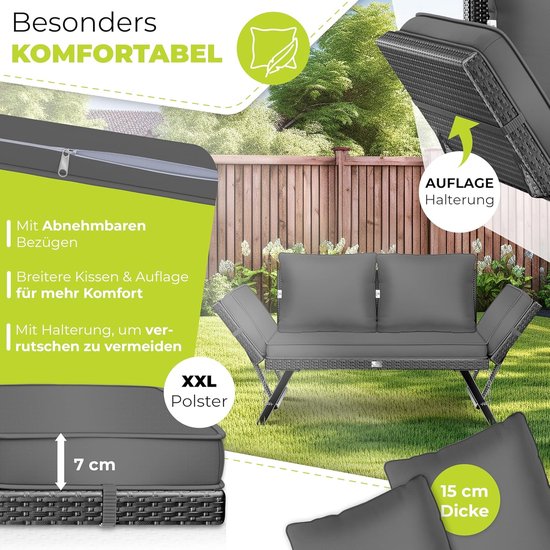 Grijze polyrattan tuinbank met XXL-kussens van 15 cm dikte, afneembare hoezen en houder tegen verschuiven.