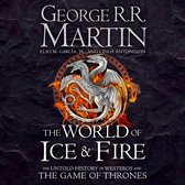 Boekomslag van "The World of Ice & Fire" met een draak in vuur en de tekst "George R.R. Martin".