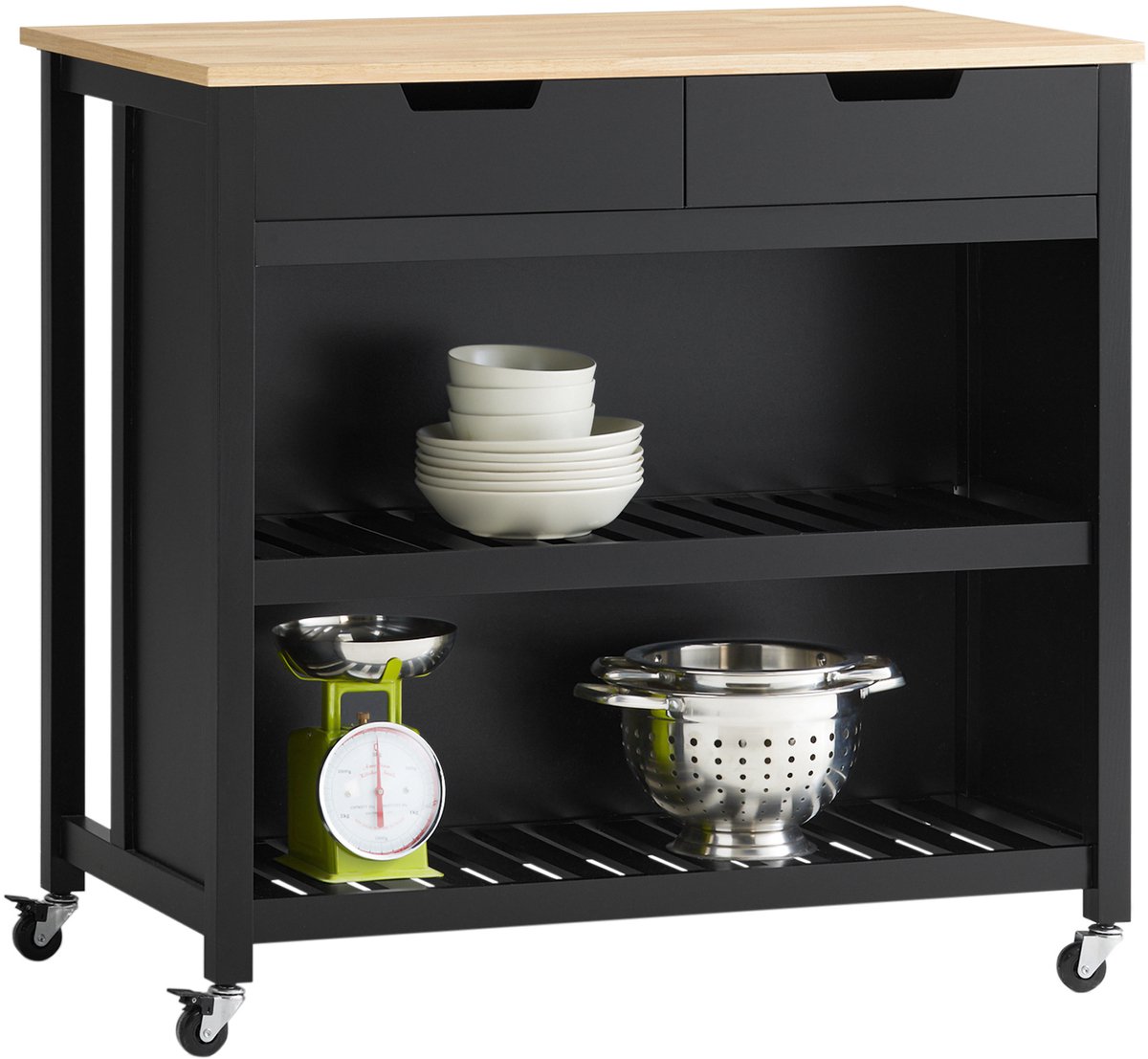 SoBuy Keukeneiland met Wielen - Zwarte Keukenkast met Werkblad en Opslagruimte - Multifunctionele Buffetkast, 100x60x94 cm, FKW74-SCH