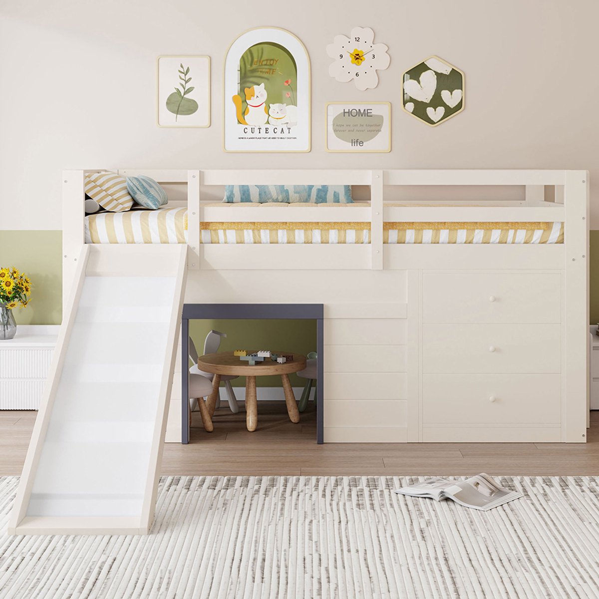 Pugsdrly Laag stapelbed 90 x 200 met glijbaan, drie lades en twee deuren, crème