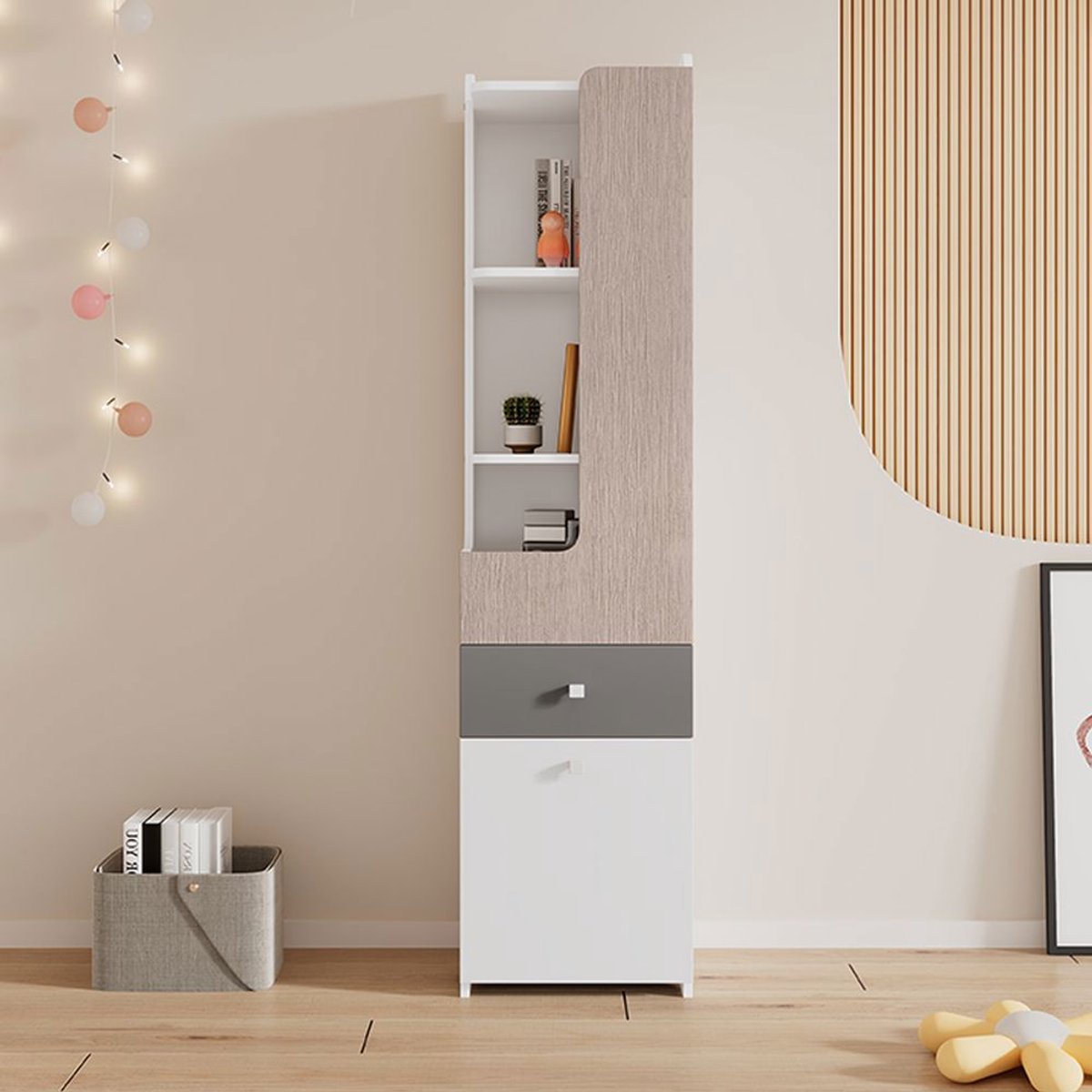 Pugsdrly Grote boekenkast, plank voor tieners met L-deur, met lade, opbergkasten, scharnierende deuren, met vierkante metalen knoppen, MDF, wit + licht iepenhoutkleur + grijs