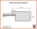 Doorsnede Marseille profiel: breedte 30 mm, hoogte 16 mm, inclusief glasplaat en MDF-rug.