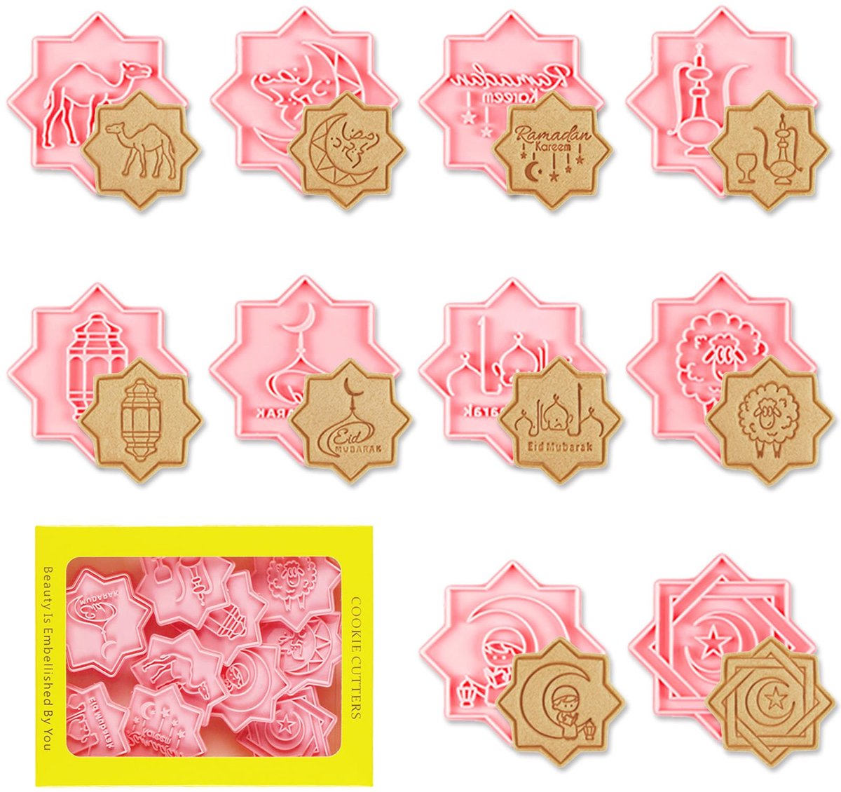 Eid Mubarak koekjesvormpjes koekjesvormpjes kinder 10 stuks ramadan stempel koekjesvormpjesset 3D moslim koekjesvormpjes koekjesvormpjes fondant taartdecoratie bakken