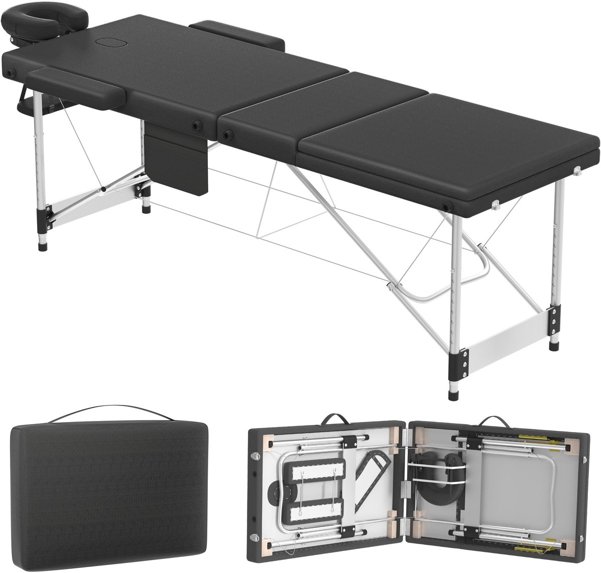 Aufun Mobiele massagetafel - 3-zone opvouwbaar - Hoogte verstelbaar - Aluminium - Massagetafel en beautystoel - Inclusief accessoires: hoofdsteun, armleuningen en draagtas - Zwart