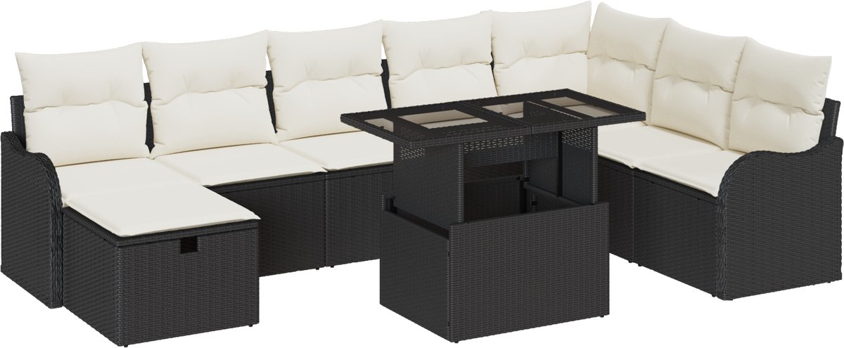 vidaXL - Tuinbank - Set - met - kussen - met - opslag - 9 - pcs - Zwart - Poly - rattan