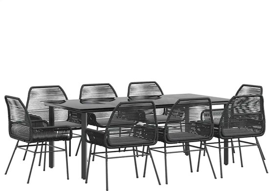 vidaXL - Ensemble de jardin 9 pièces - avec coussins - Poly rotin - Verre - Noir