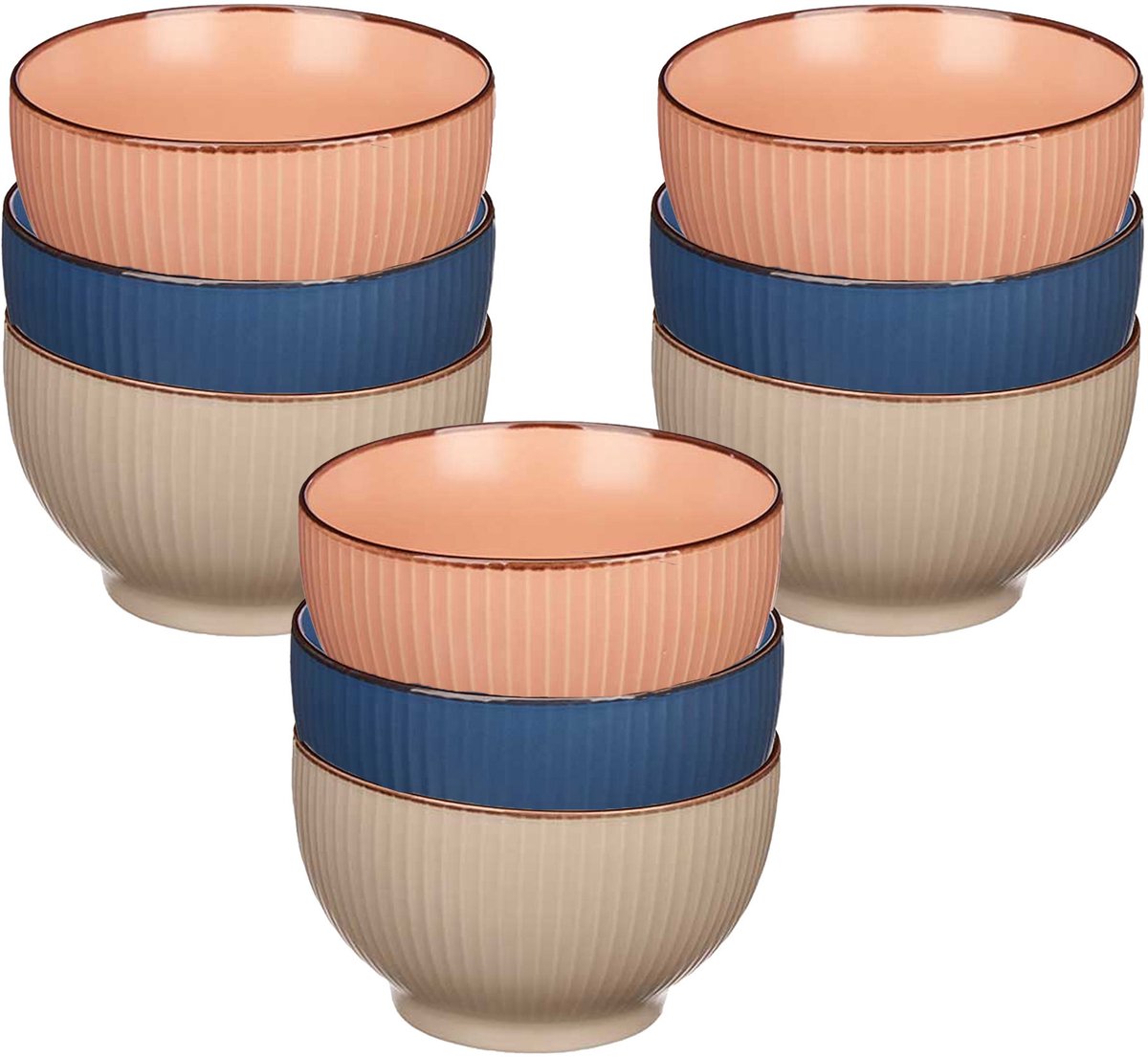 Kommetjes/serveer schaaltjes - 9x stuks - Mistique - porselein - D14 x H8 cm - zalm roze - blauw - beige - Stapelbaar