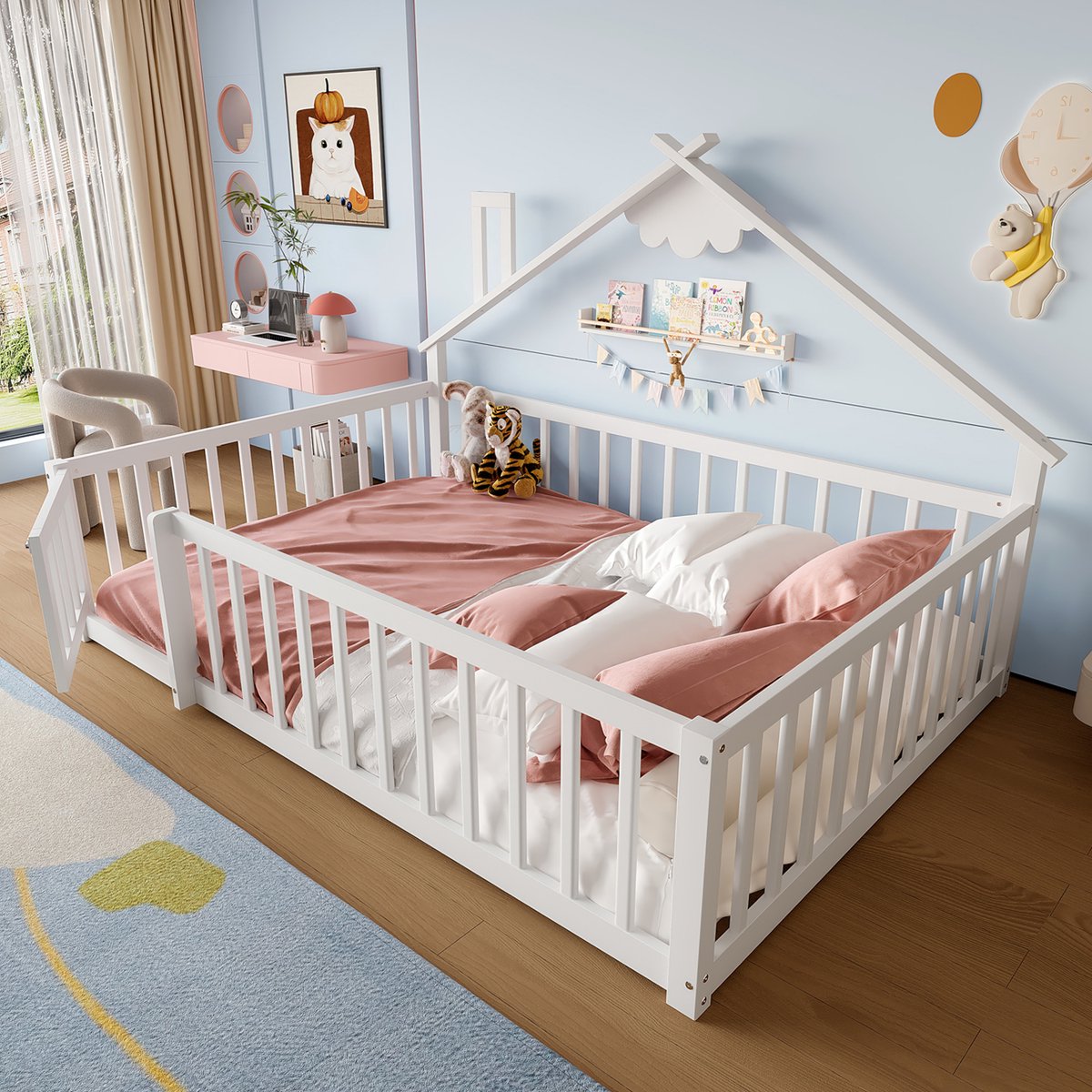 SINGULARITY Kinderbed - 140 x 190 cm - met vergrendelbare zijhekken - grenenhout - Wit- Zonder matras