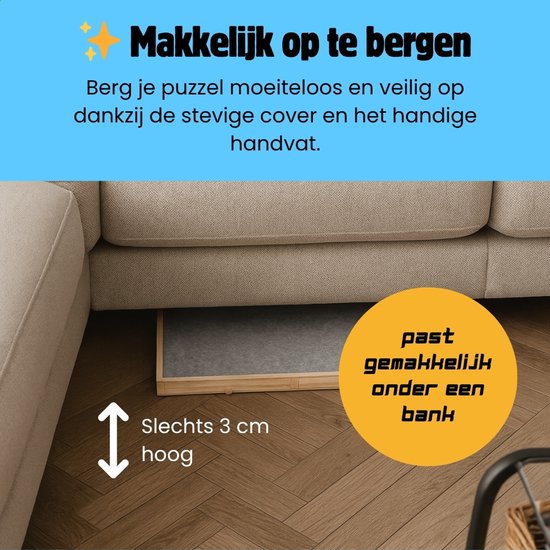 Een houten puzzelbord van 3 cm hoog, met grijze vilt, dat gemakkelijk onder een bank past.