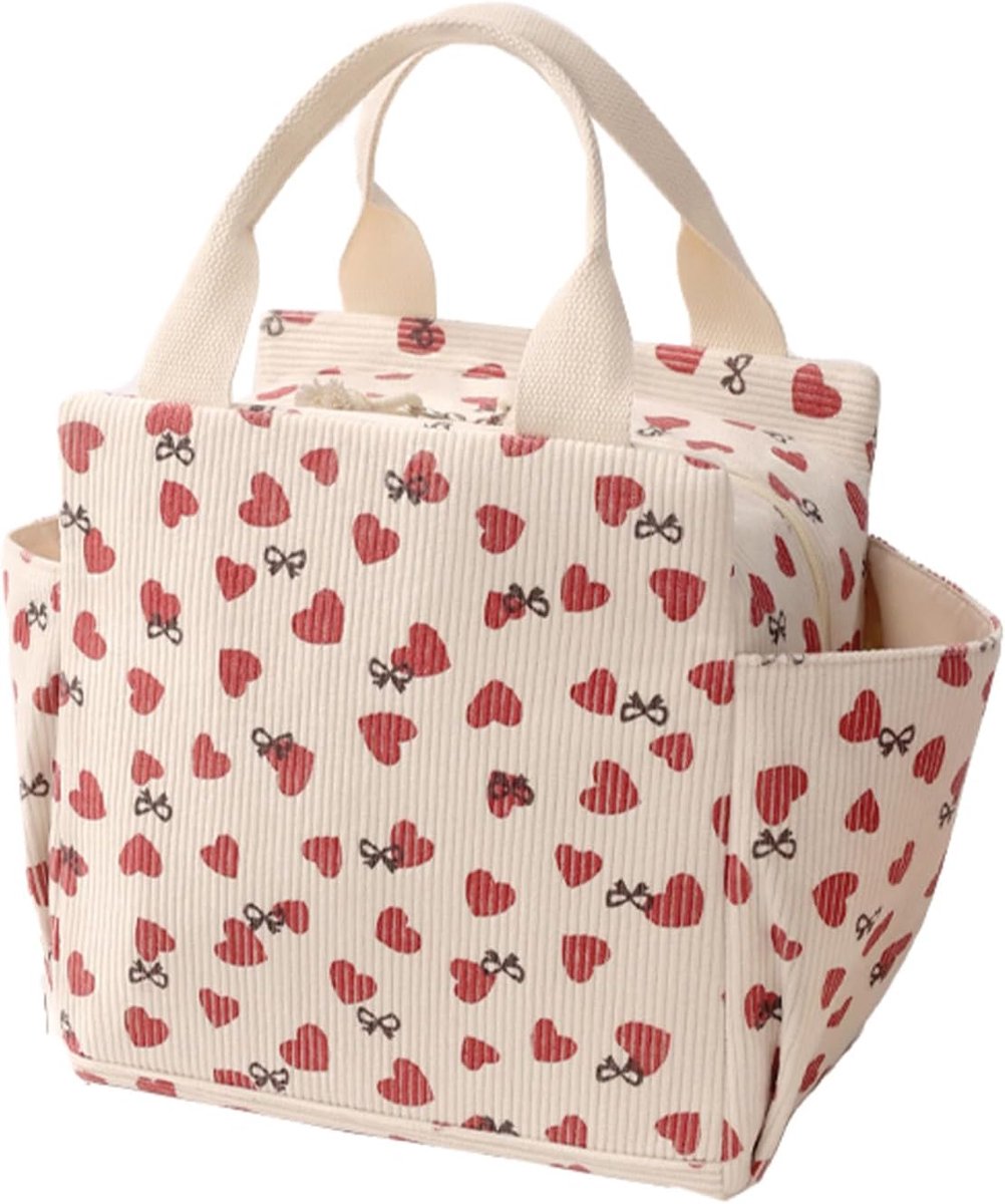 Corduroy lunchtas voor dames en heren, schattige lunchtassen, herbruikbare geïsoleerde lunchbox, waterfleshouder, zijvakken, grote capaciteit, herbruikbare geïsoleerde koeltas voor werk/picknick/reizen (Corduroy Love)