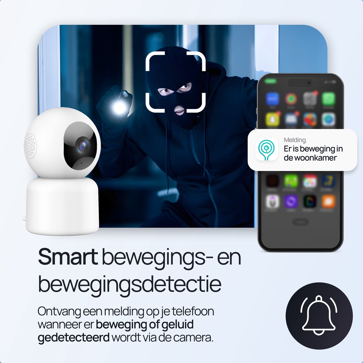 Afbeelding 3 van Protectly® Beveiligingscamera binnen - 2K 3MP Ultra HD – Beveiligingscamera’s – Huisdiercamera - Met WiFi APP - Volgt beweging en geluidsdetectie - Incl. 64GB SD - 2.4/5 GHz - Geen abonnementskosten - Wit