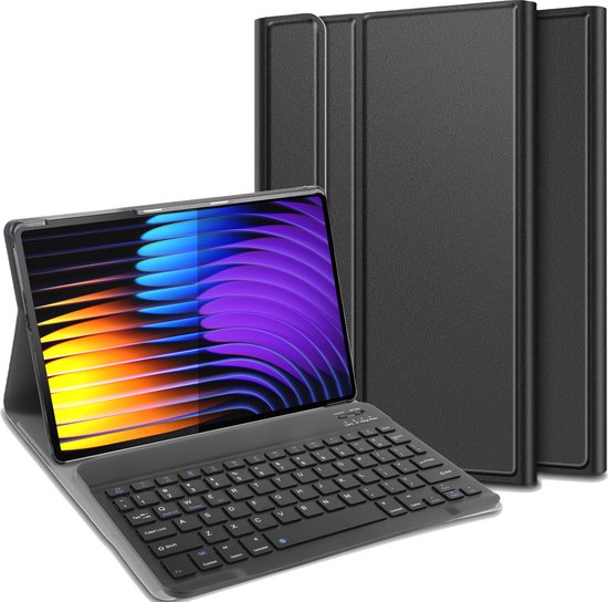 Zwart tablet-hoesje met toetsenbord, met een tablet met kleurrijk scherm.