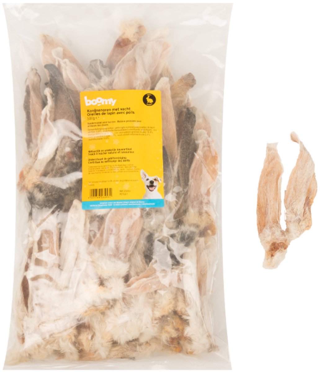 Boomy - Konijnenoren met vacht – Gedroogde hondensnacks – 100% natuurlijk en glutenvrije hondensnoepjes - 500g