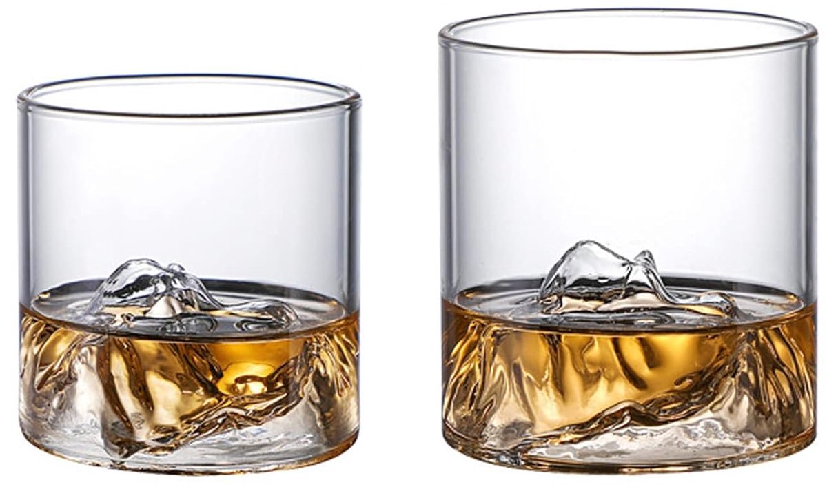 Mountain Glazen Bekers Set - Whiskyglazen met Bergopdruk - 2 stuks - Transparant